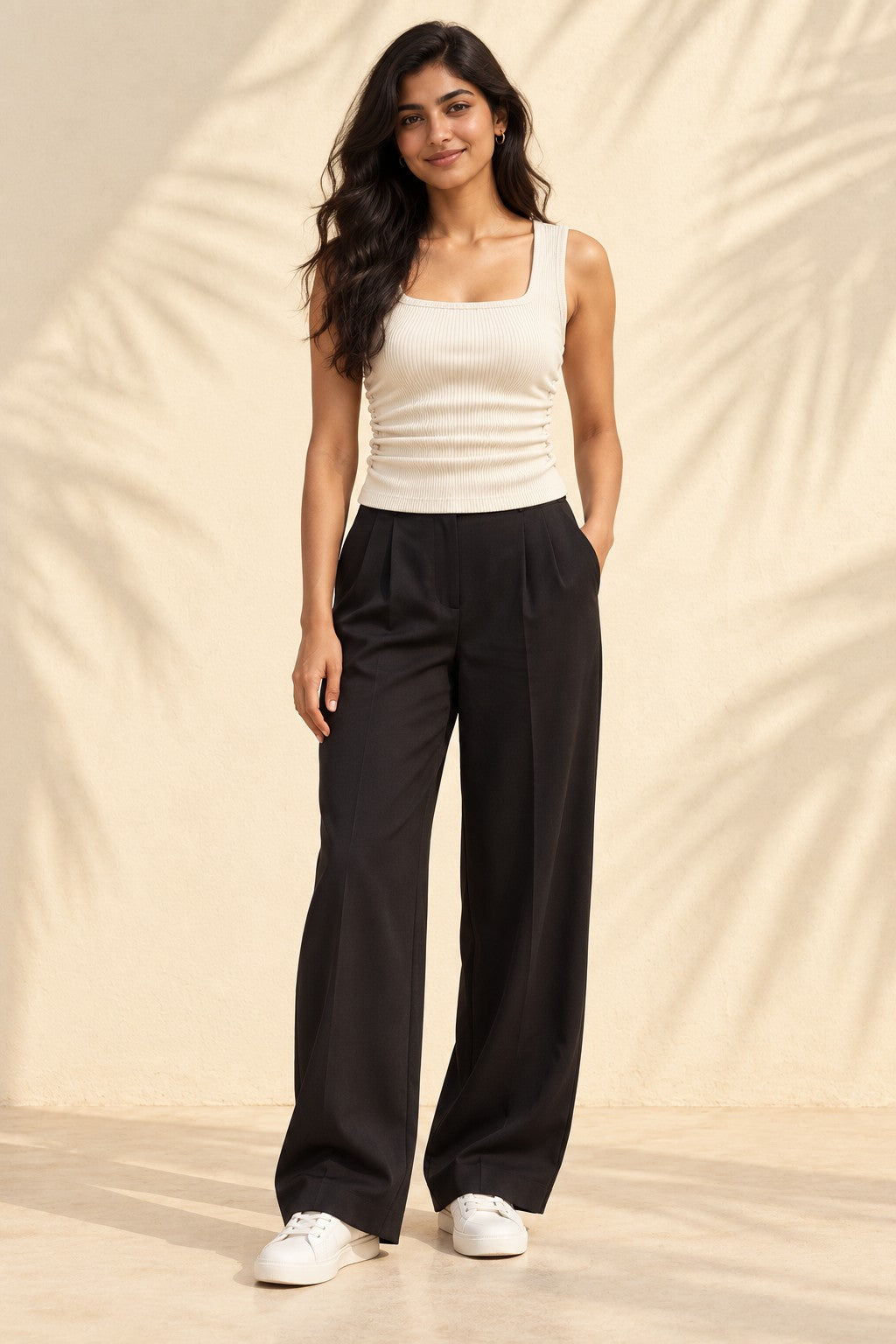 Square Neck Rib Tank Top in Coconut Milk – full length