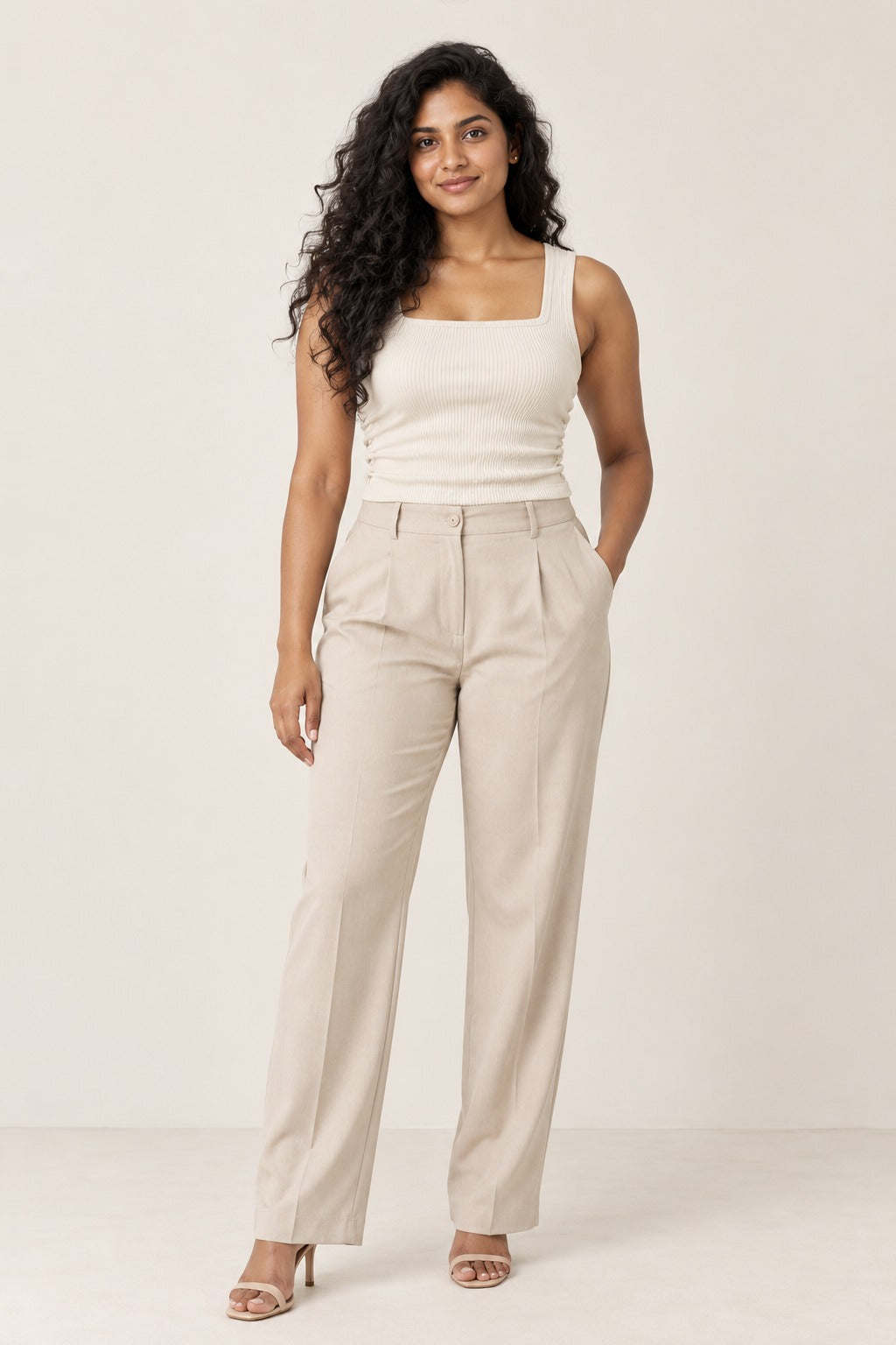 Square Neck Rib Tank Top in Coconut Milk – on model
