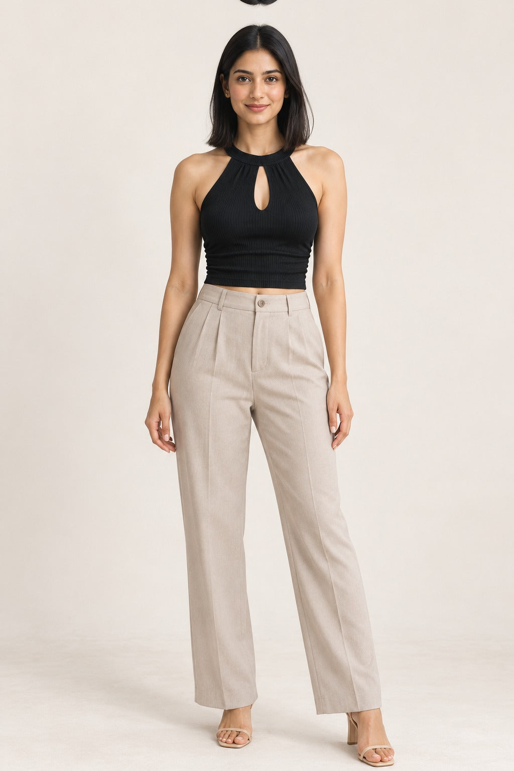 Halter Keyhole Crop Top in Jet Black – on model