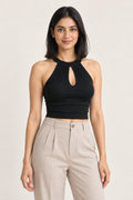 Halter Keyhole Crop Top in Jet Black – close-up