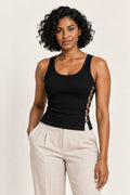 Side Cutout Rib Tank Top in Jet Black – close-up