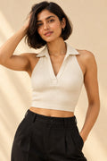 Collar Halter Rib Crop Top in Coconut Milk – close-up