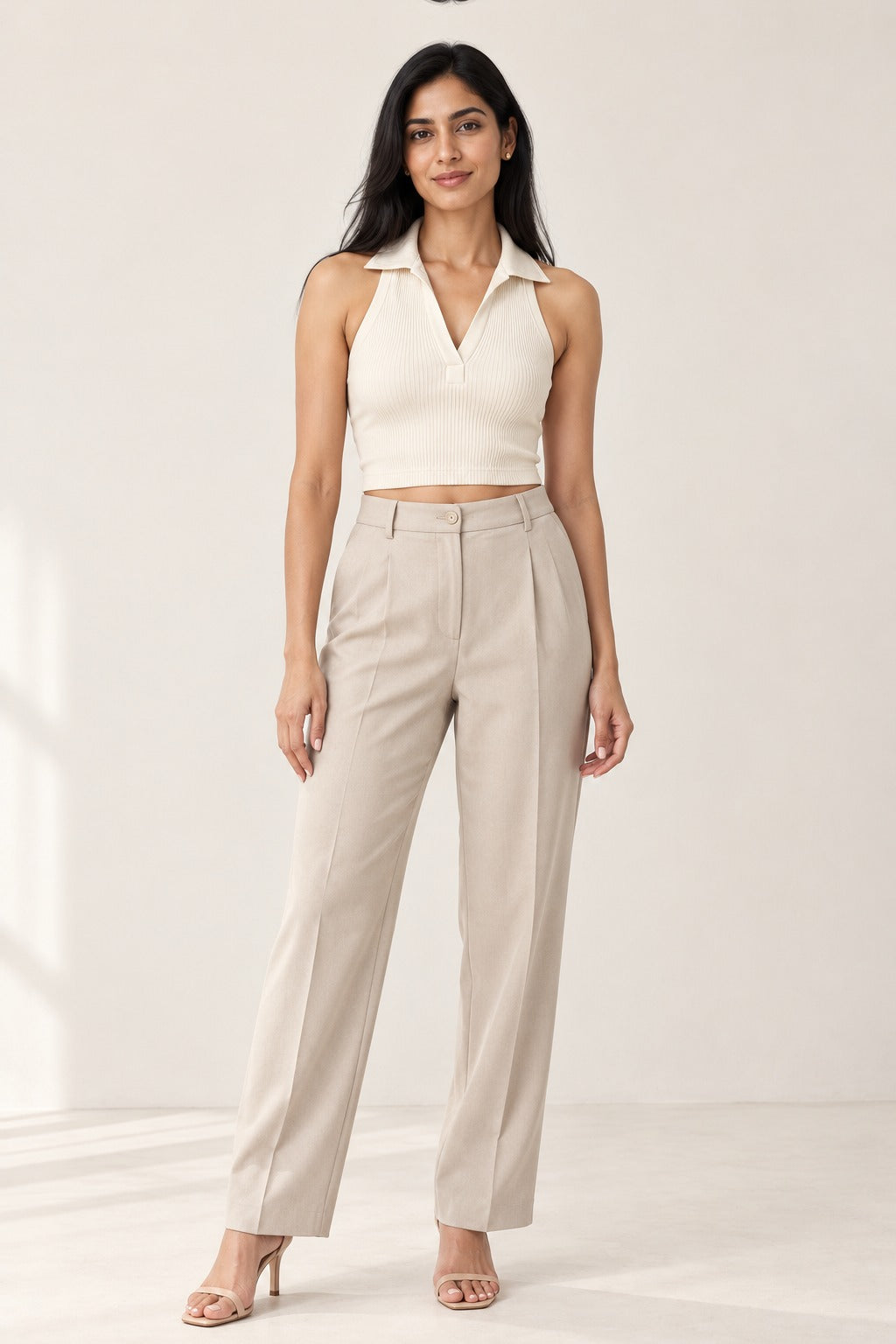 Collar Halter Rib Crop Top in Coconut Milk – on model
