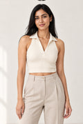Collar Halter Rib Crop Top in Coconut Milk – close-up