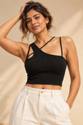 Asymmetric Strap Rib Crop Top in Jet Black – close-up