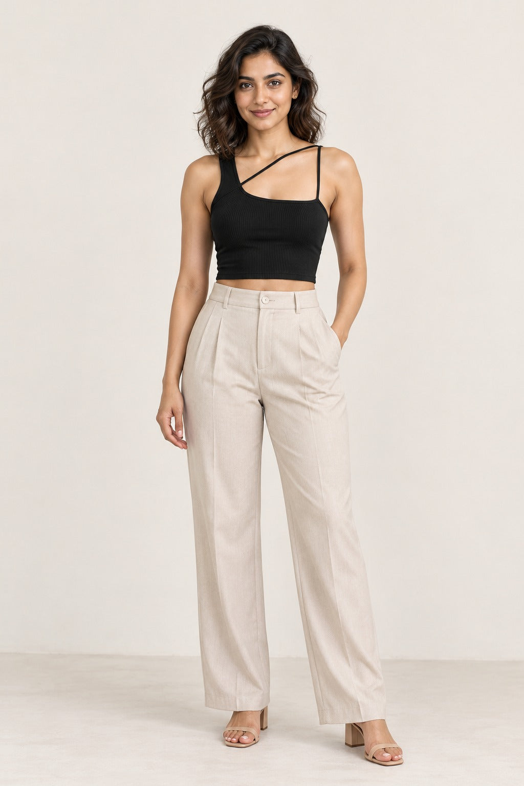 Asymmetric Strap Rib Crop Top in Jet Black – on model