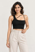 Asymmetric Strap Rib Crop Top in Jet Black – close-up