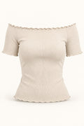 Off Shoulder Lettuce Edge Rib Top in Coconut Milk – product view