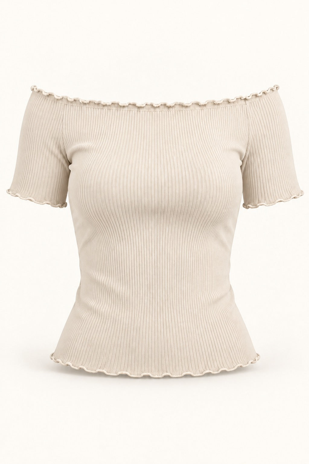 Off Shoulder Lettuce Edge Rib Top in Coconut Milk – product view