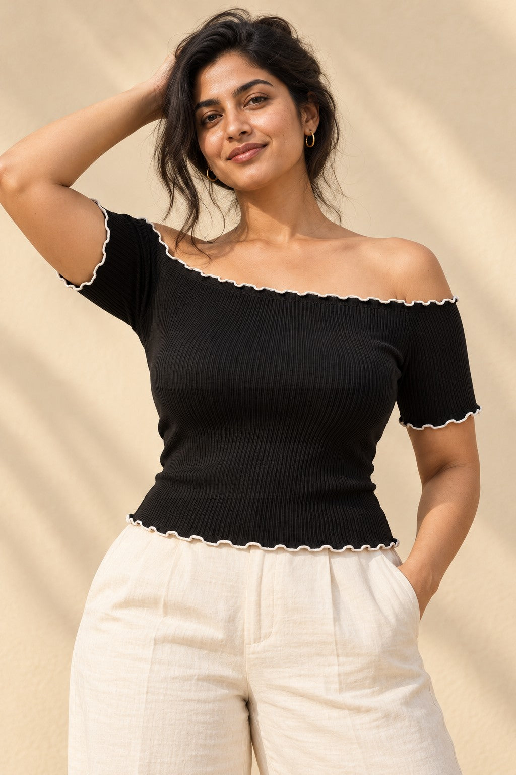 Off Shoulder Lettuce Edge Rib Top in Jet Black – close-up