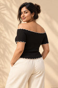 Off Shoulder Lettuce Edge Rib Top in Jet Black – back view