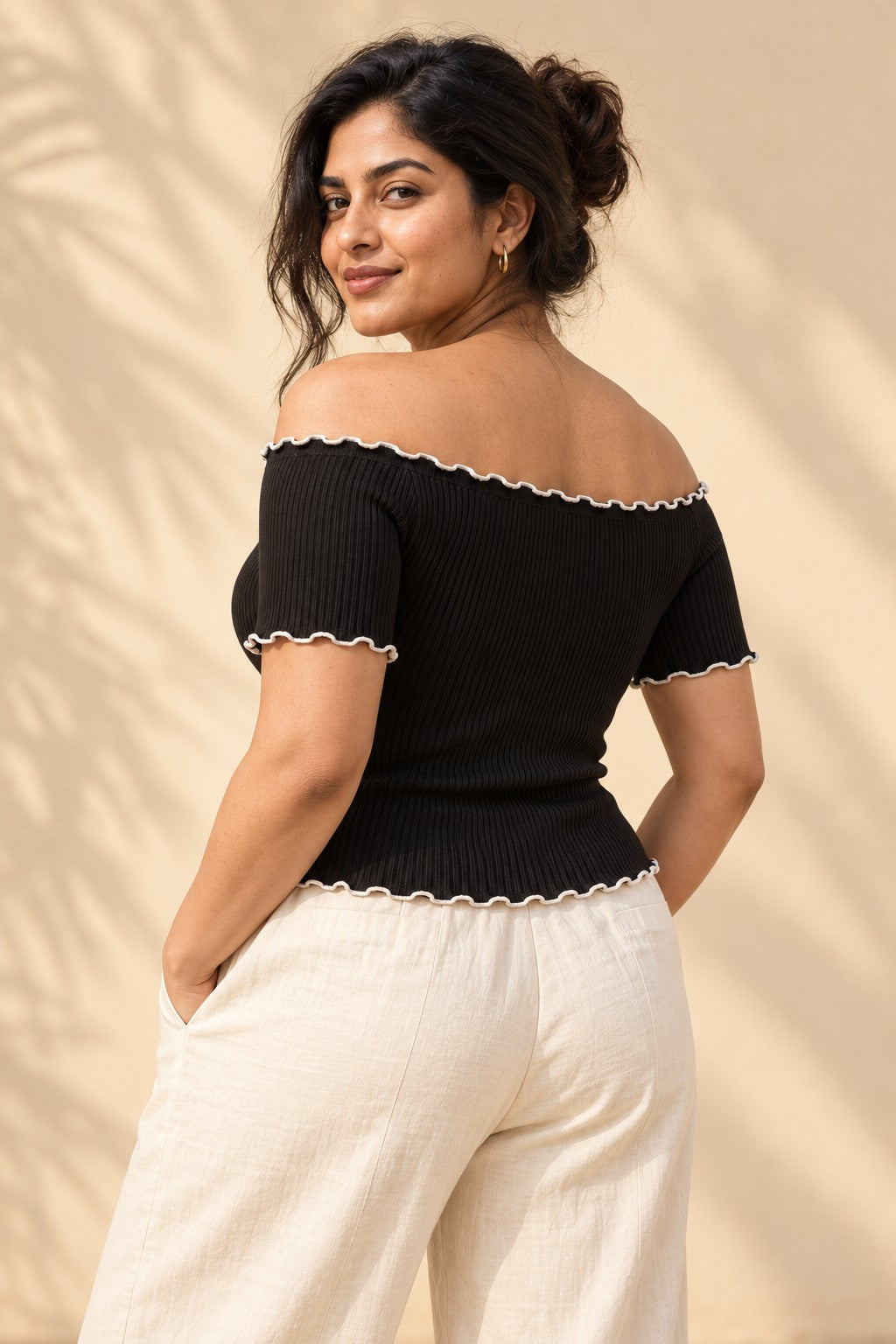 Off Shoulder Lettuce Edge Rib Top in Jet Black – back view
