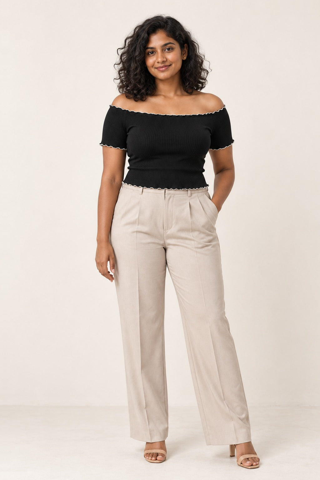 Off Shoulder Lettuce Edge Rib Top in Jet Black – on model