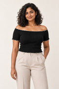 Off Shoulder Lettuce Edge Rib Top in Jet Black – close-up