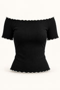 Off Shoulder Lettuce Edge Rib Top in Jet Black – product view
