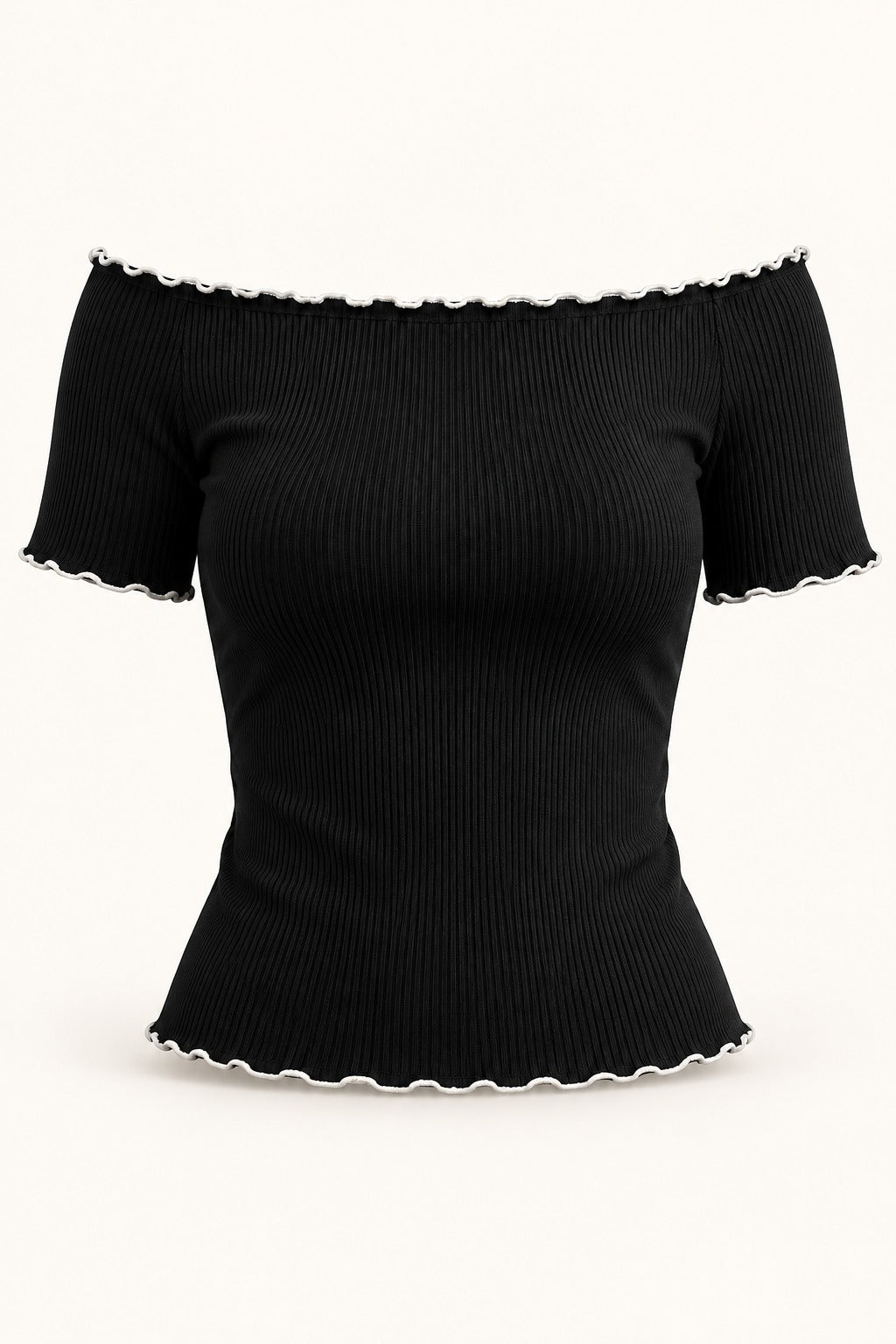 Off Shoulder Lettuce Edge Rib Top in Jet Black – product view