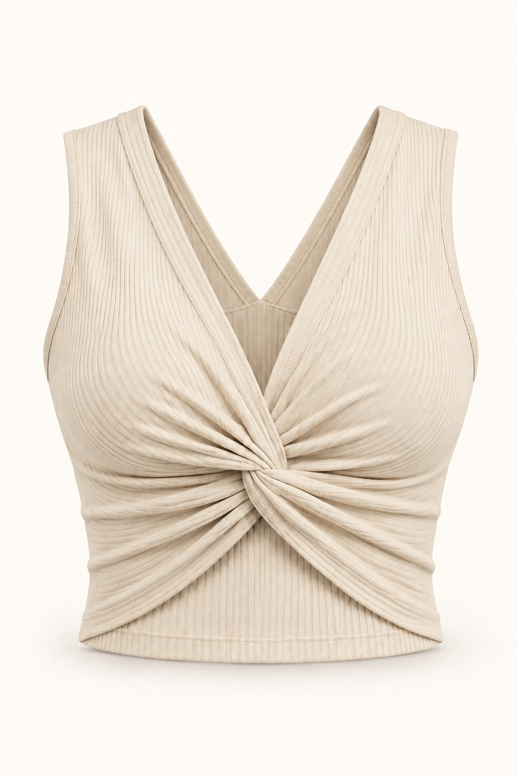 Twist Front Rib Crop Top (V-neck) in Coconut Milk – product view