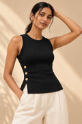 Side Button Rib Sleeveless Top in Jet Black – close-up