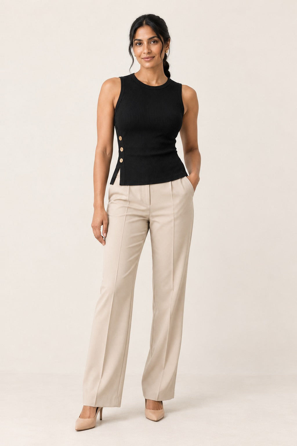 Side Button Rib Sleeveless Top in Jet Black – on model