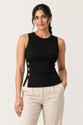 Side Button Rib Sleeveless Top in Jet Black – close-up