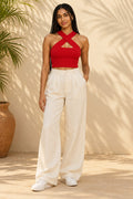 Cross Neck Rib Crop Top in Fiery Red – full length