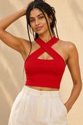 Cross Neck Rib Crop Top in Fiery Red – close-up