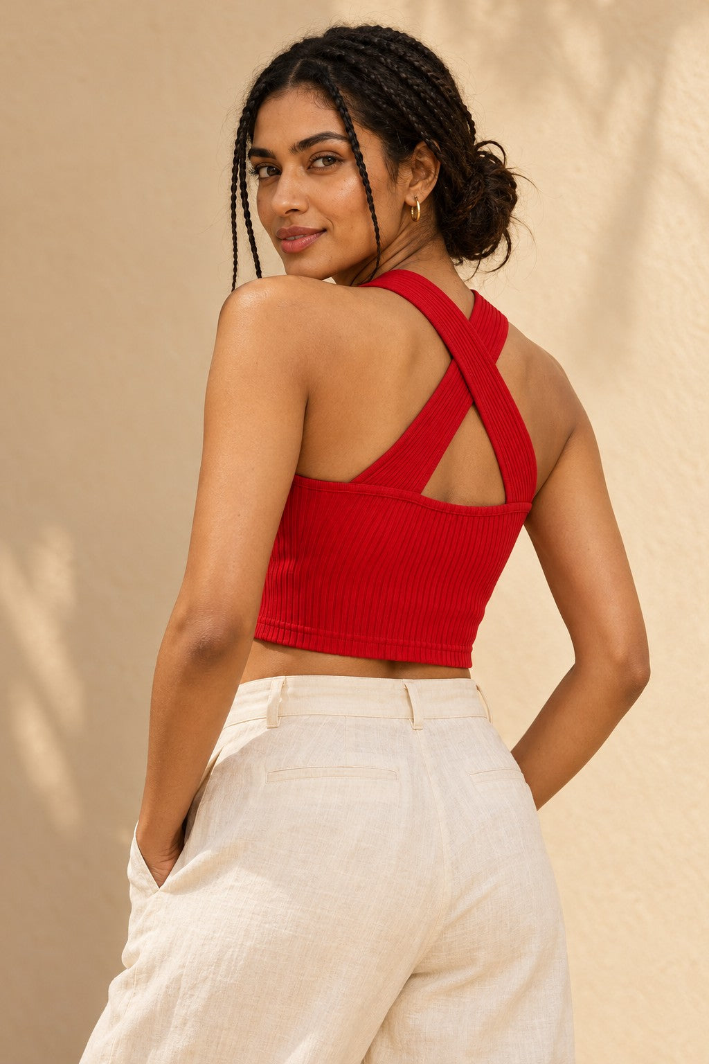 Cross Neck Rib Crop Top in Fiery Red – back view