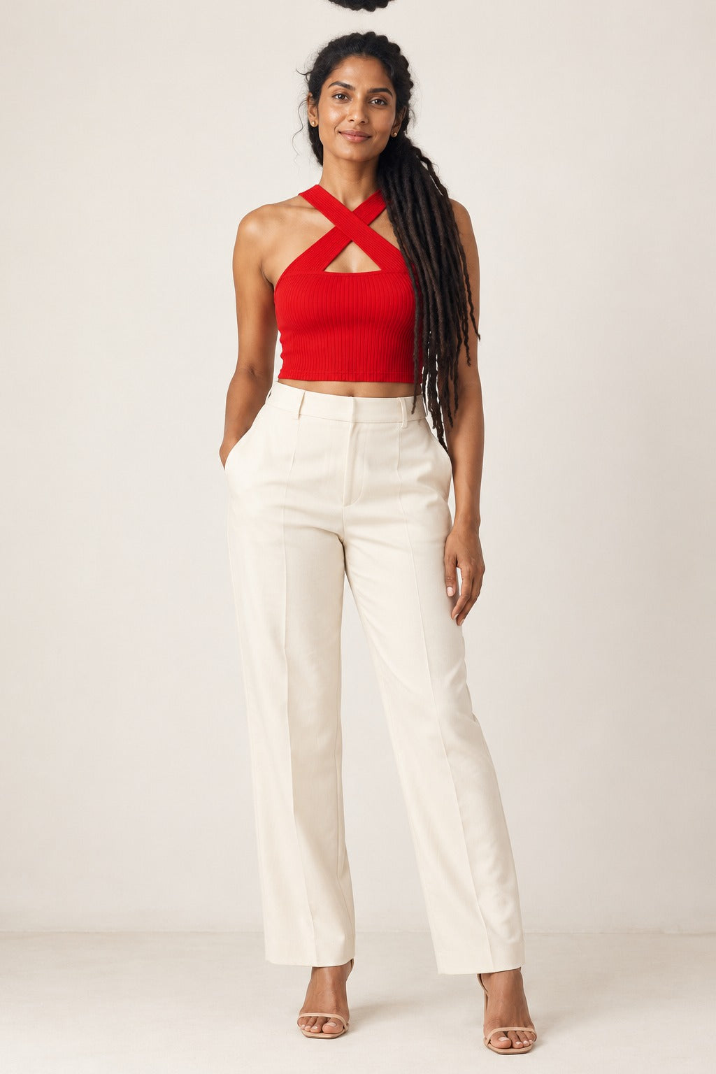 Cross Neck Rib Crop Top in Fiery Red – on model