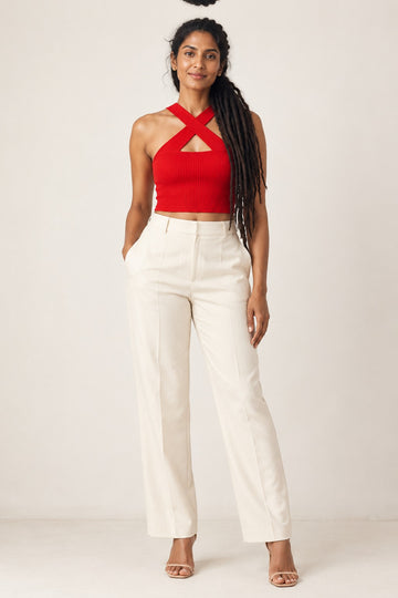 Cross Neck Rib Crop Top in Fiery Red – on model