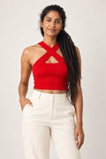 Cross Neck Rib Crop Top in Fiery Red – close-up