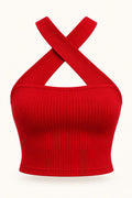 Cross Neck Rib Crop Top in Fiery Red – product view