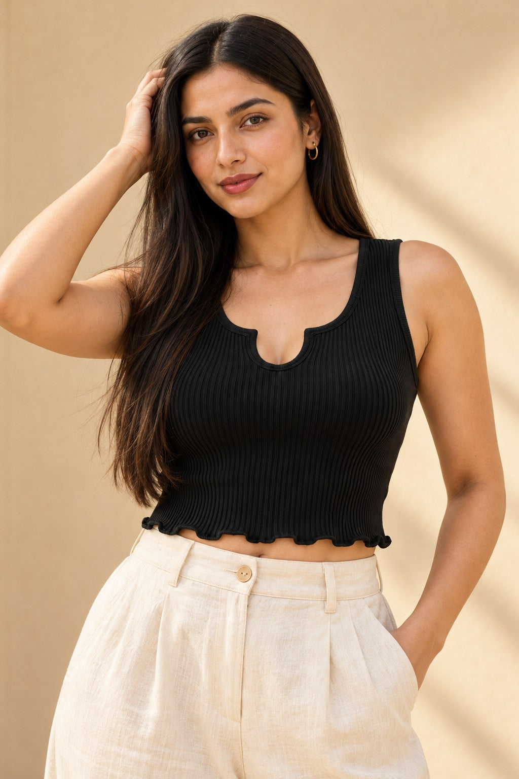 Notch Neck Rib Crop Top in Jet Black – close-up