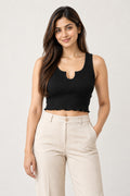 Notch Neck Rib Crop Top in Jet Black – close-up