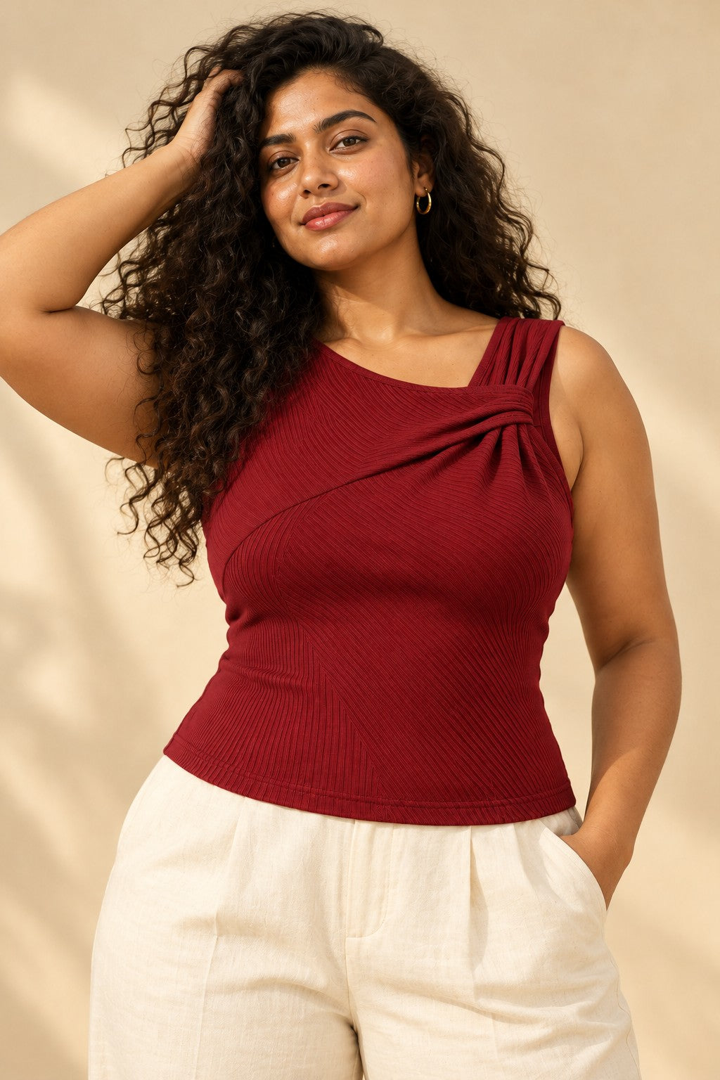 Twist Shoulder Rib Top in Emboldened – close-up