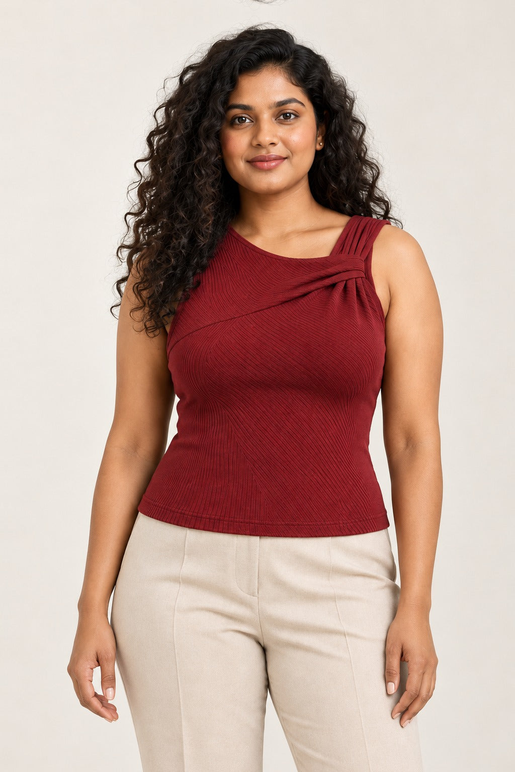 Twist Shoulder Rib Top in Emboldened – close-up