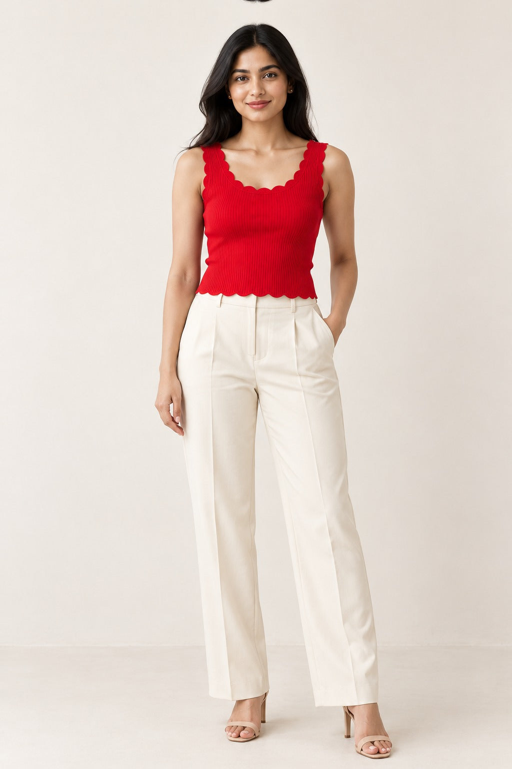 Scallop Neck Rib Tank Top in Fiery Red – on model