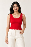 Scallop Neck Rib Tank Top in Fiery Red – close-up