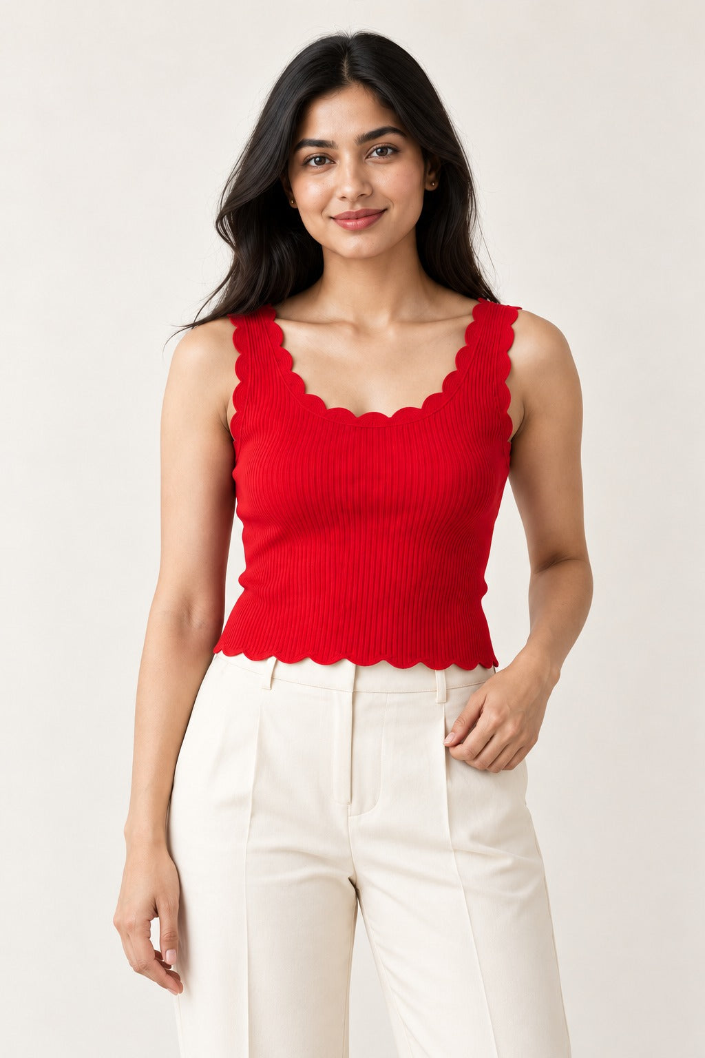 Scallop Neck Rib Tank Top in Fiery Red – close-up