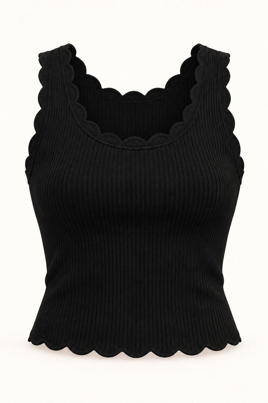 Scallop Neck Rib Tank Top in Jet Black – product view