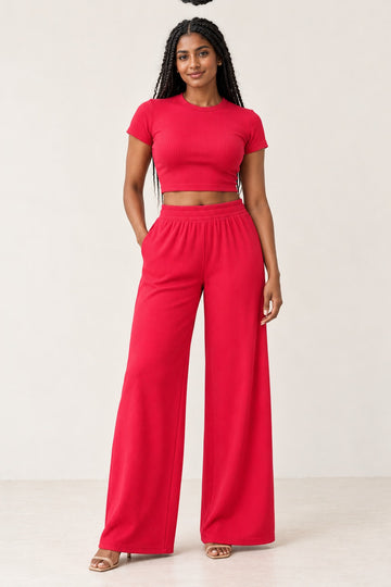 Rib Crop Top & Wide Leg Pant Set in Cranberry – on model