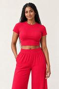 Rib Crop Top & Wide Leg Pant Set in Cranberry – close-up