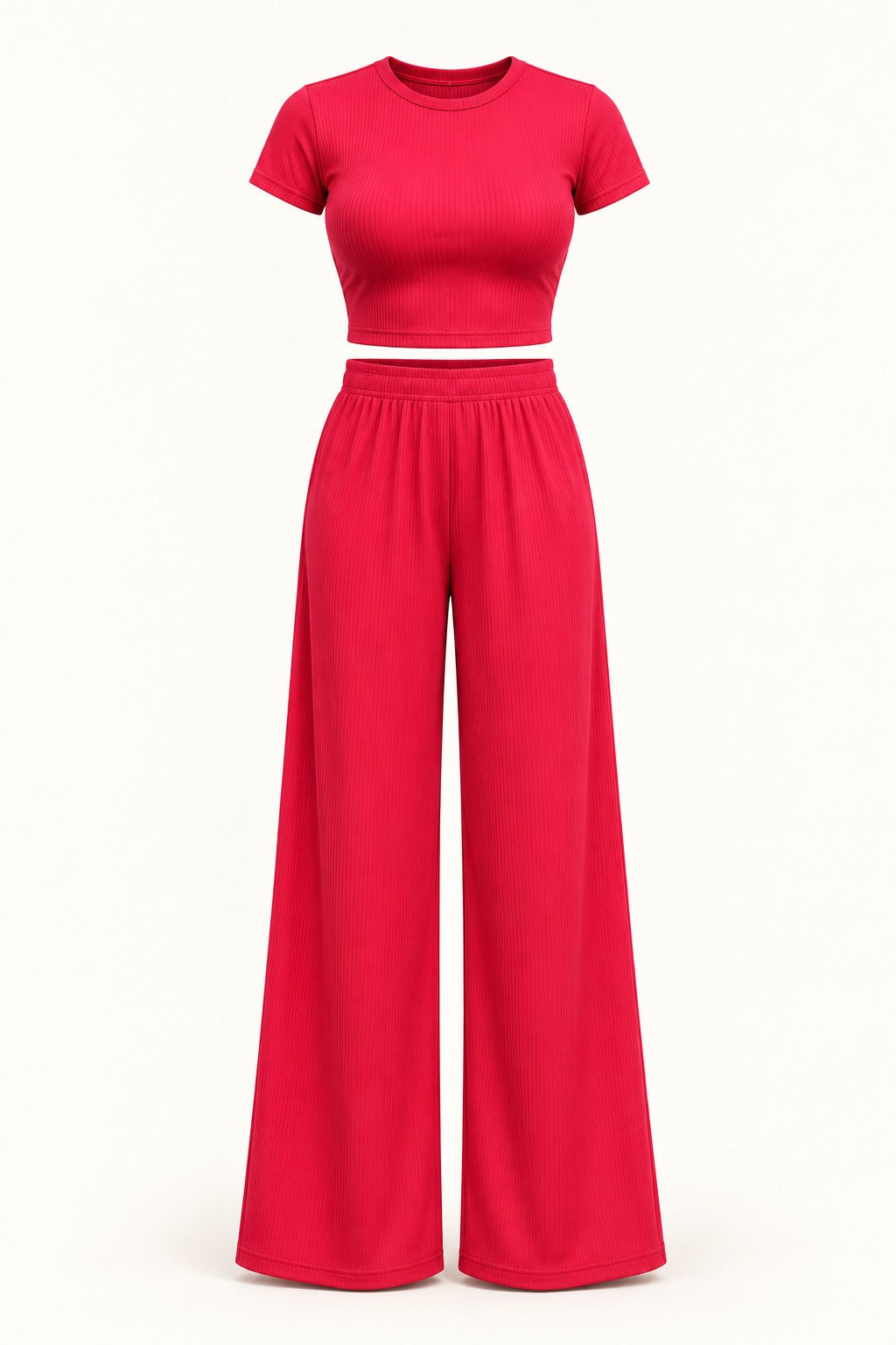 Rib Crop Top & Wide Leg Pant Set in Cranberry – product view