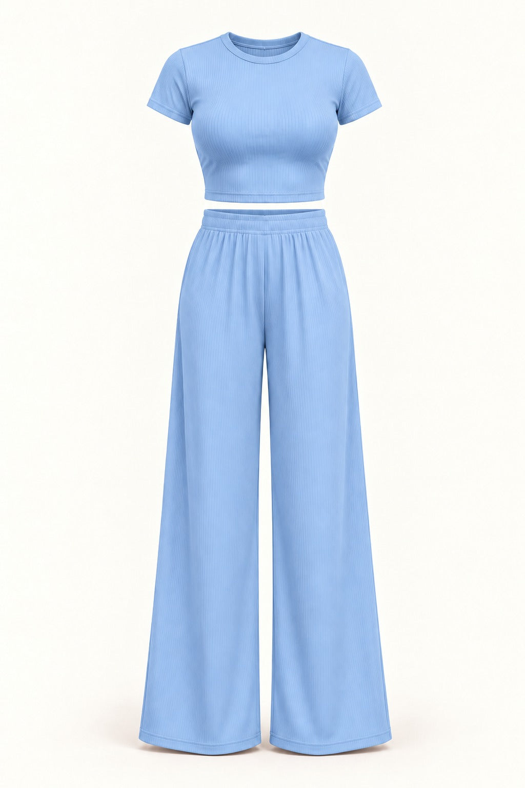 Rib Crop Top & Wide Leg Pant Set in Sky Blue – product view