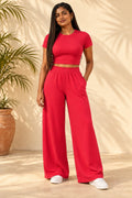 Rib Crop Top & Wide Leg Pant Set in Cranberry – full length