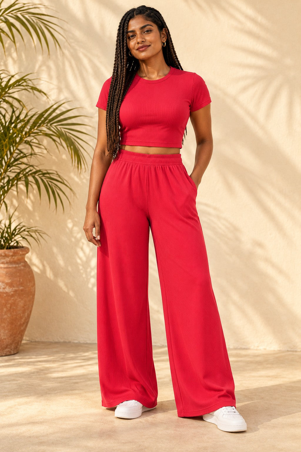 Rib Crop Top & Wide Leg Pant Set in Cranberry – full length