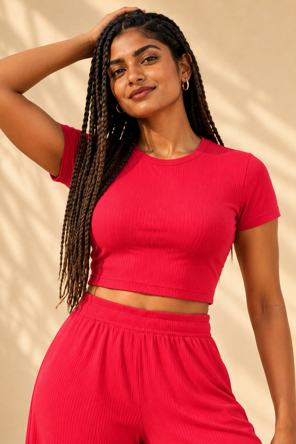 Rib Crop Top & Wide Leg Pant Set in Cranberry – close-up