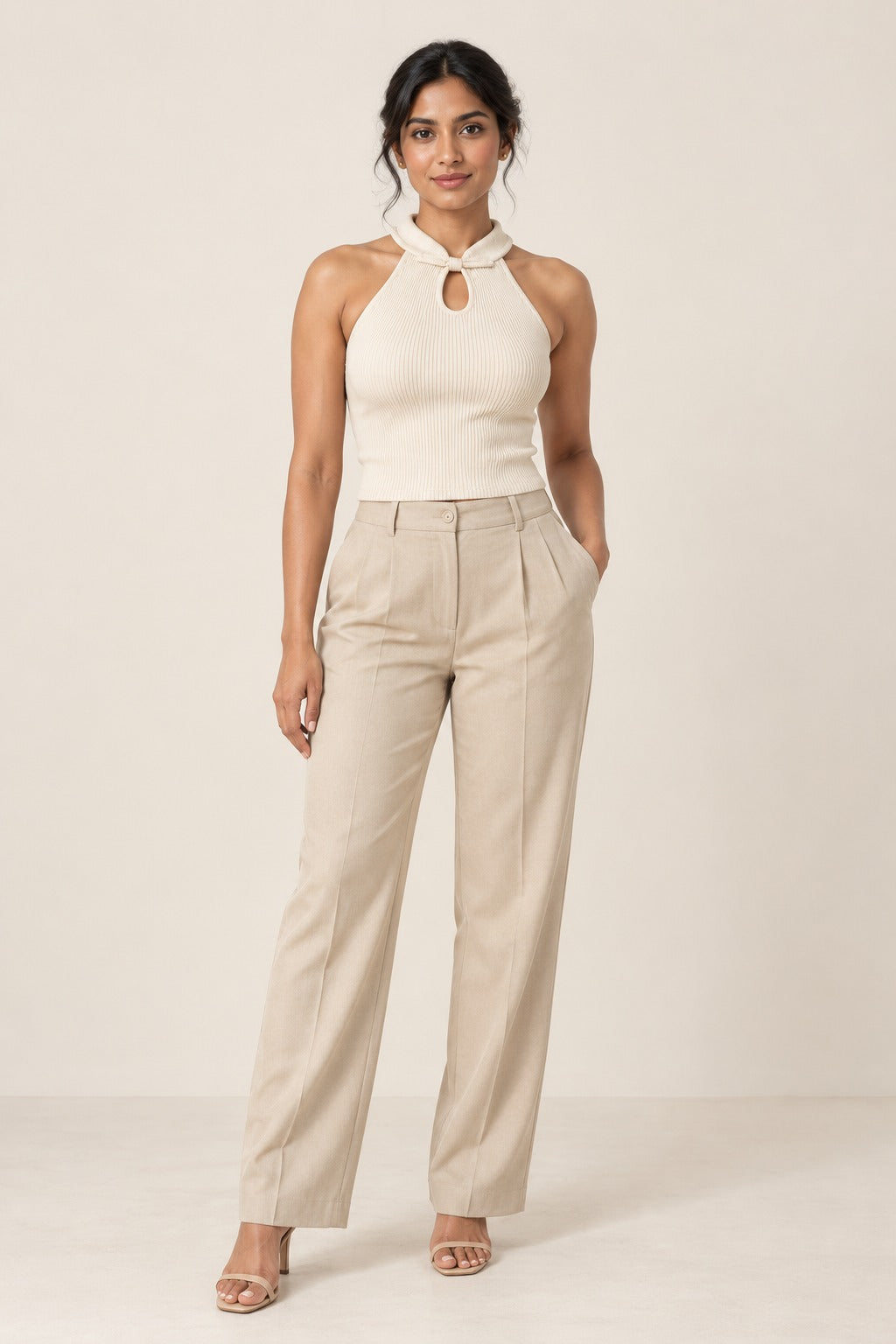 Halter Keyhole Rib Top in Coconut Milk – on model