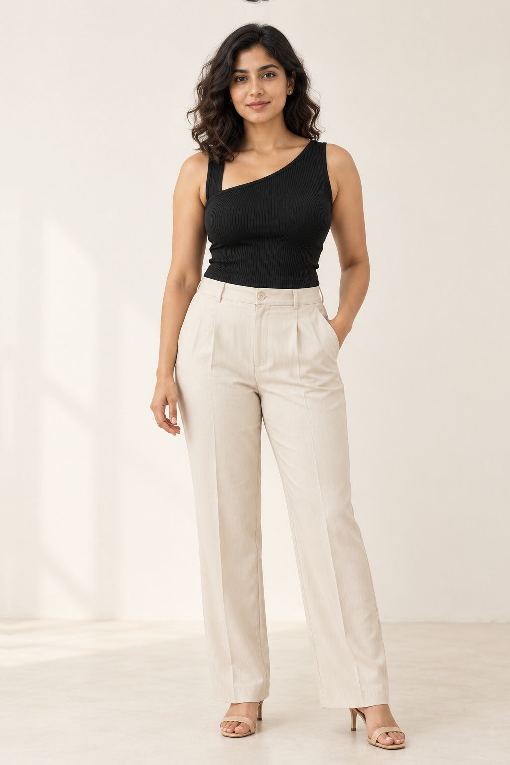 Asymmetric One Shoulder Rib Top in Jet Black – on model