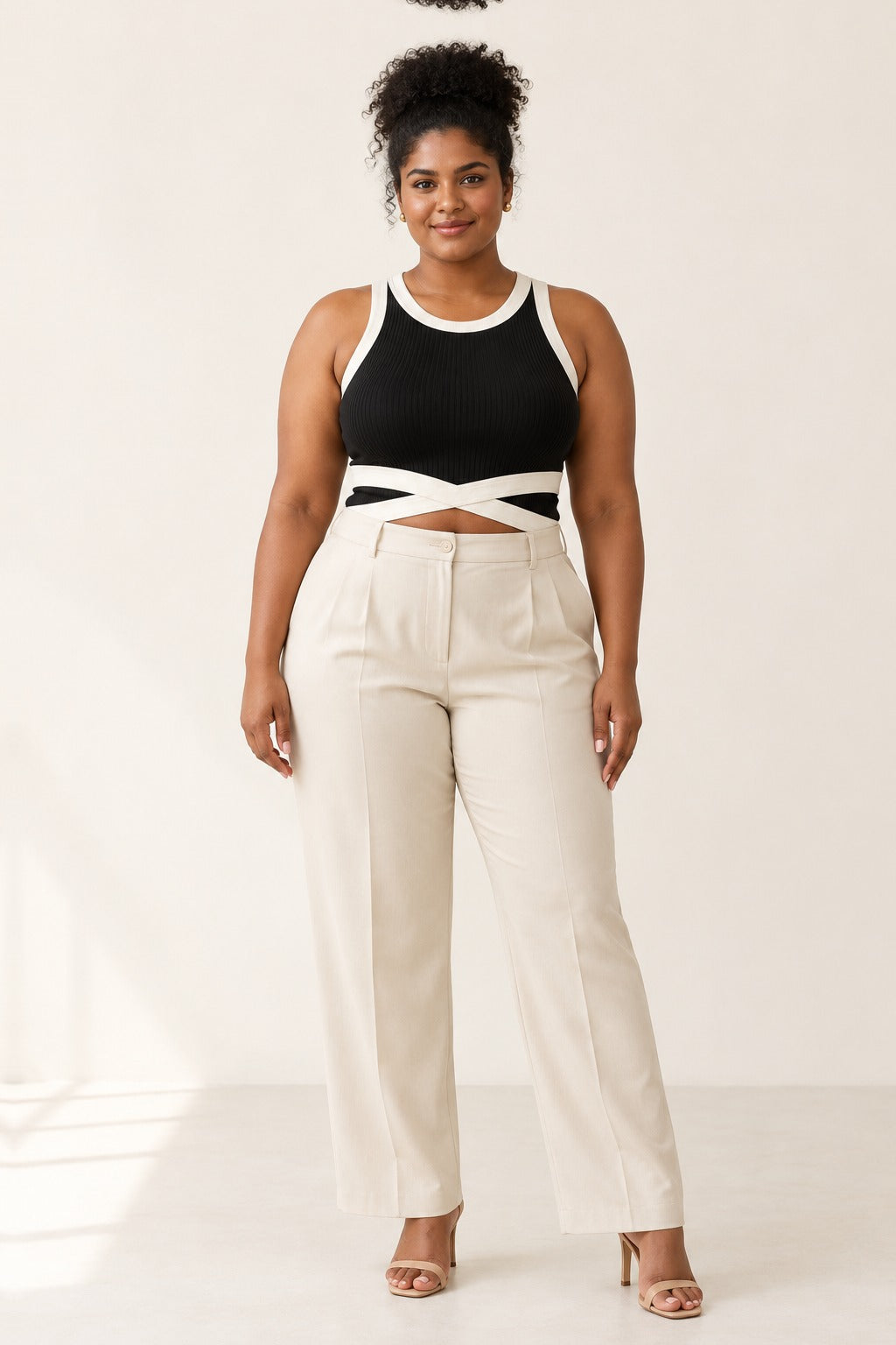 Contrast Binding Wrap Rib Top in Jet Black – on model