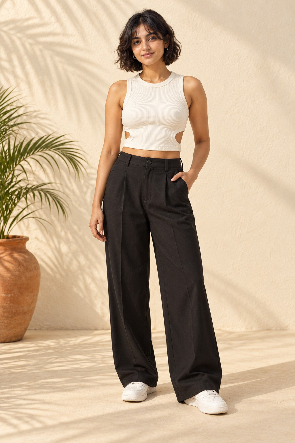 Side Cut Out Rib Tank Top in Coconut Milk – full length